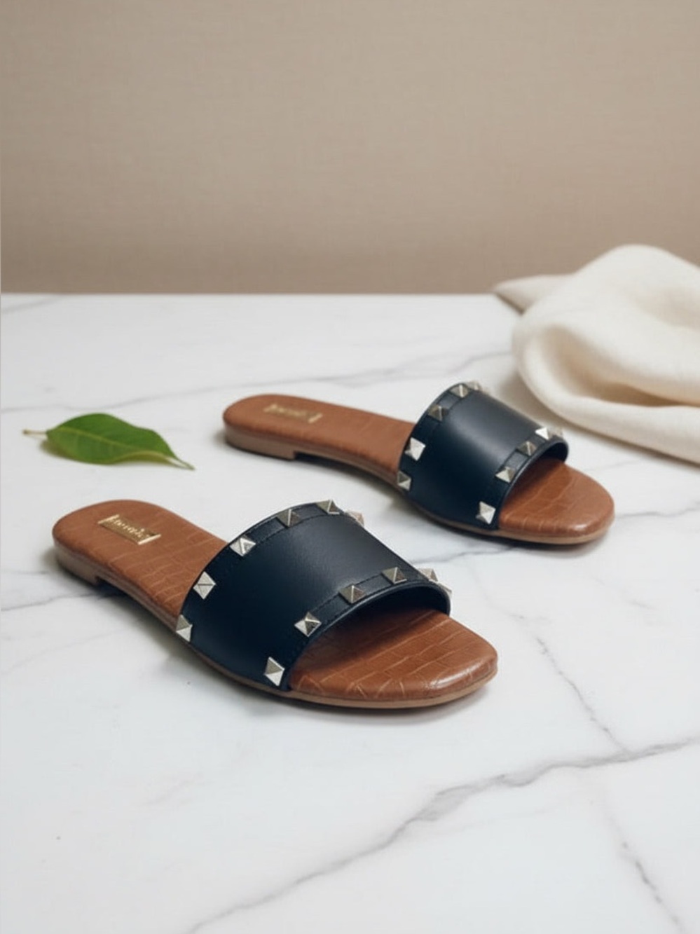 STELLA STUD BLACK & GOLD CROCODILE SOLE SLIPPERS